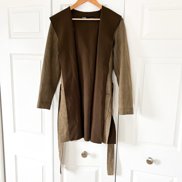 Zara Faux Suede Contrast Collar Belted Hooded Wrap Coat Women’s Size XS - Picture 3 of 9